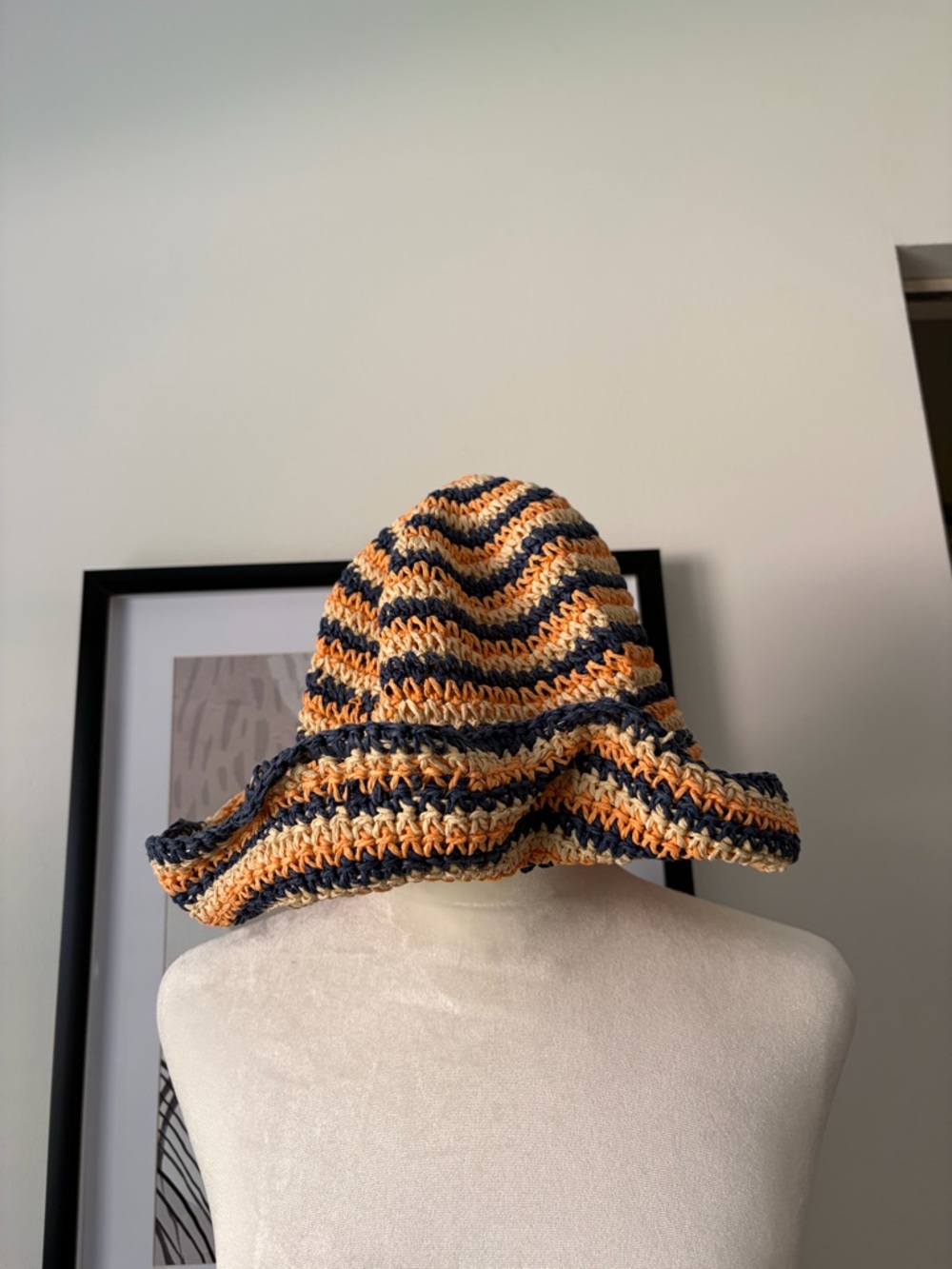 Striped Crochet Bucket Hat in Navy and Mustard